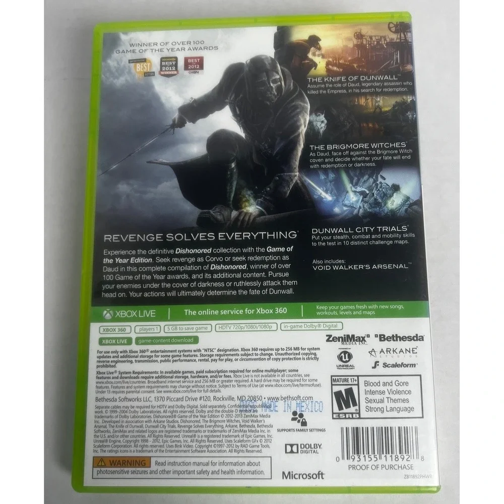 Dishonored Game of the Year Edition Xbox 360 Platinum Hits  CIB ‎ 2-Disc Set